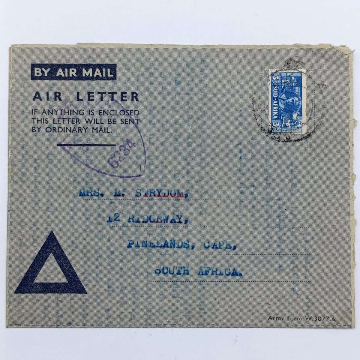 WW2 Air letter sent by Robin Bell to his sister May Strydom.