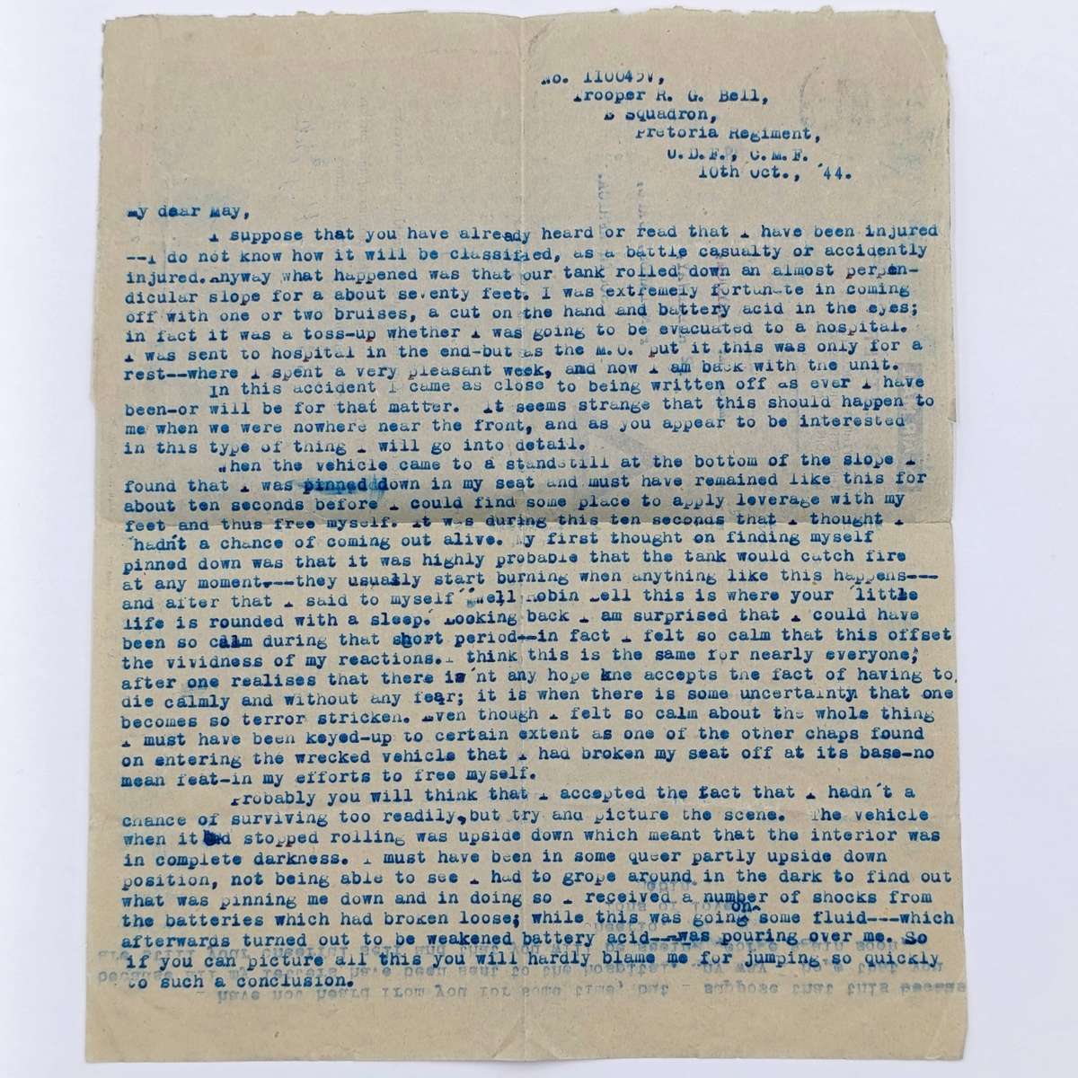 WW2 Air letter sent by Robin Bell to his sister May Strydom.
