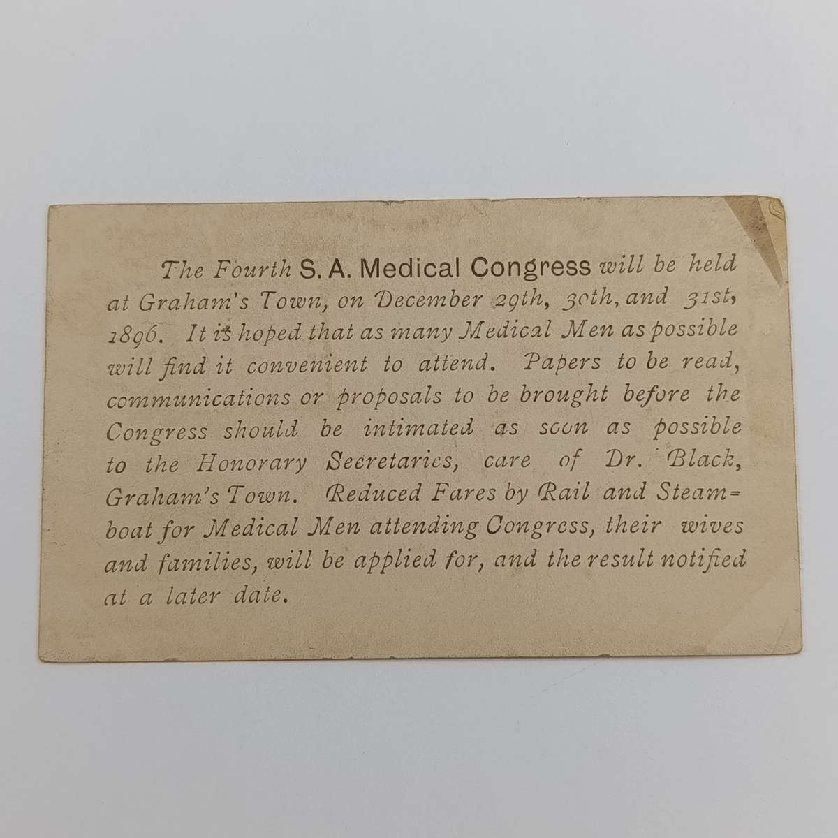 1896 Graham's Town medical congress postcard uprated with half penny stamp