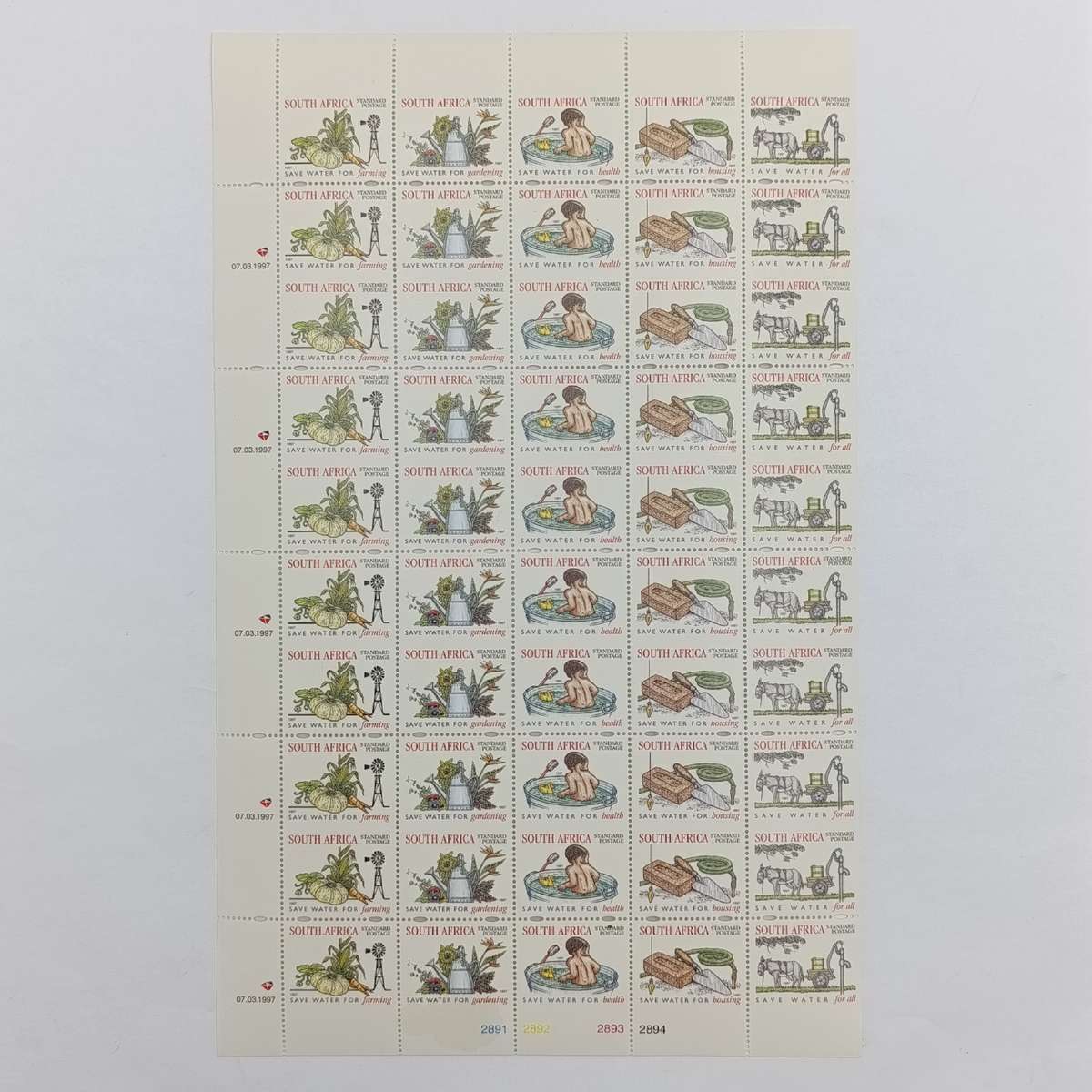 Full page of 1997 South Africa standard postage stamps with every second row perfaration missing (50