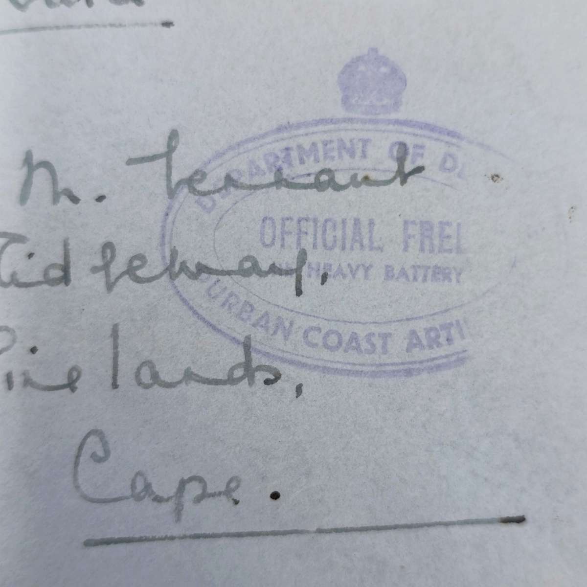WW2 On Active service cover with Durban Artillery OFFICIAL FREE Rubber stamp