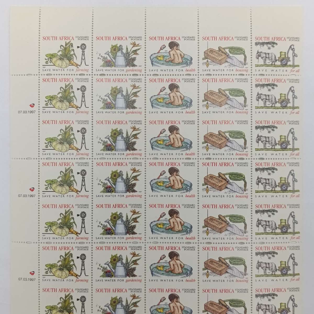 Full page of 1997 South Africa standard postage stamps with every second row perfaration missing (50