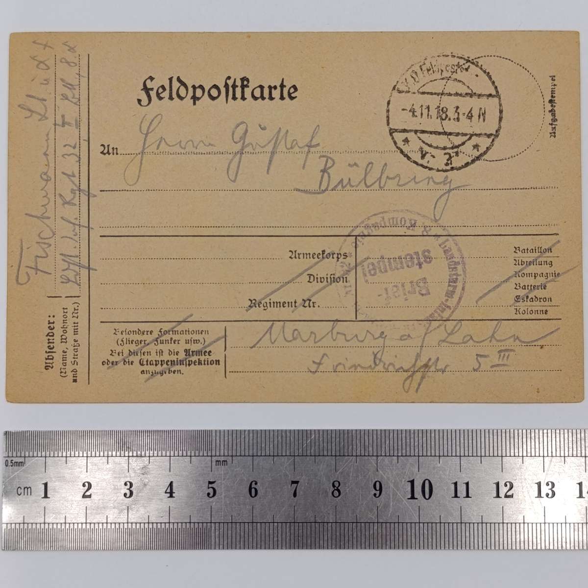 1918 WW1 Feldpostkarte sent by Paul Fischmann