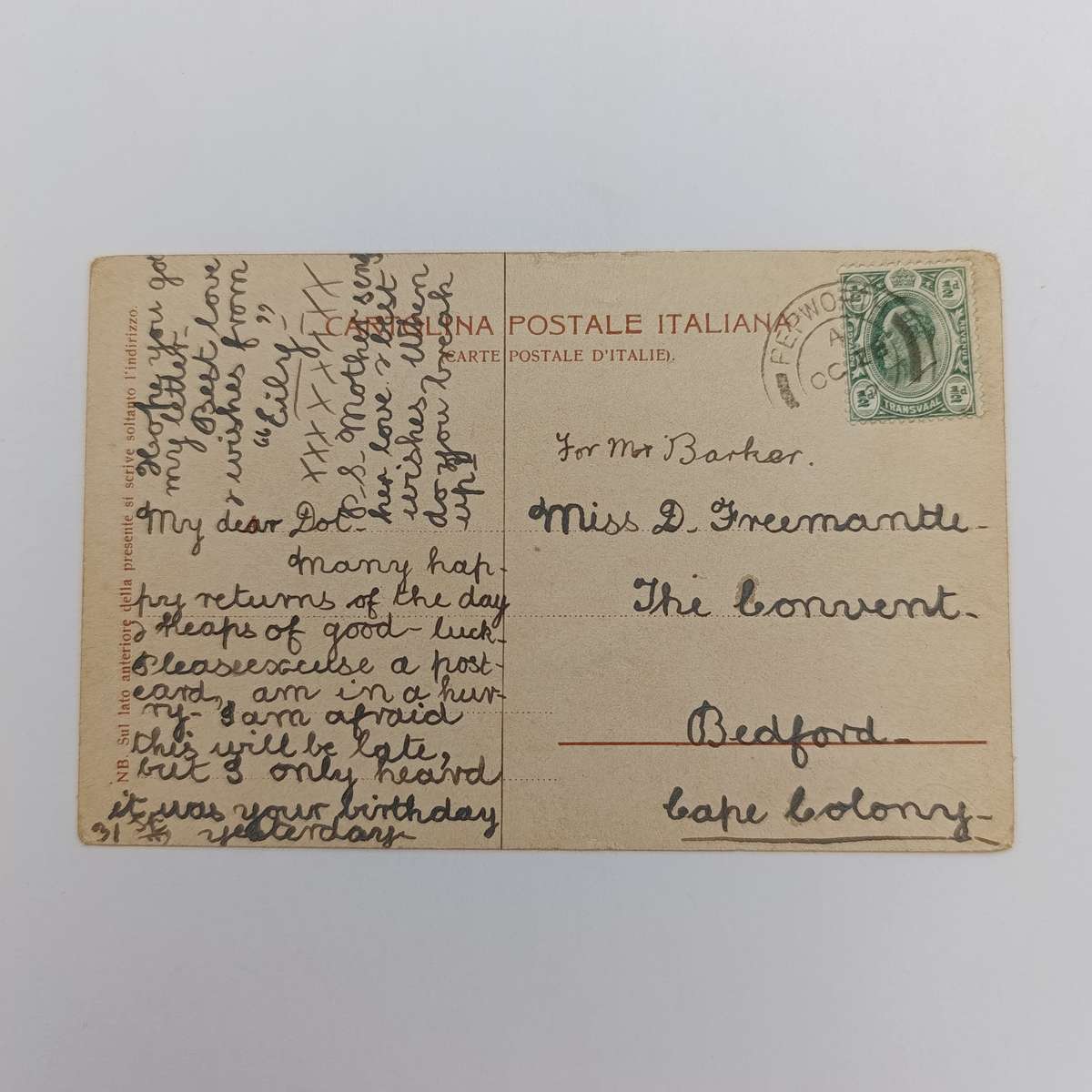 Postcard early 1900's Pepworth , Natal to Bedford convent, Cape Colony