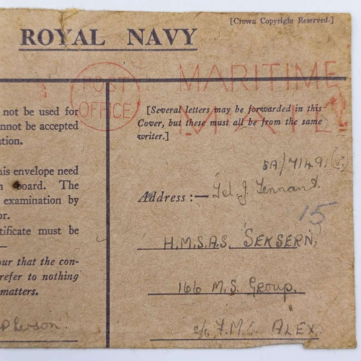 Censored cover on Royal NAVY Stationery - Maritime mail cancel applied and resealed by censor 9253