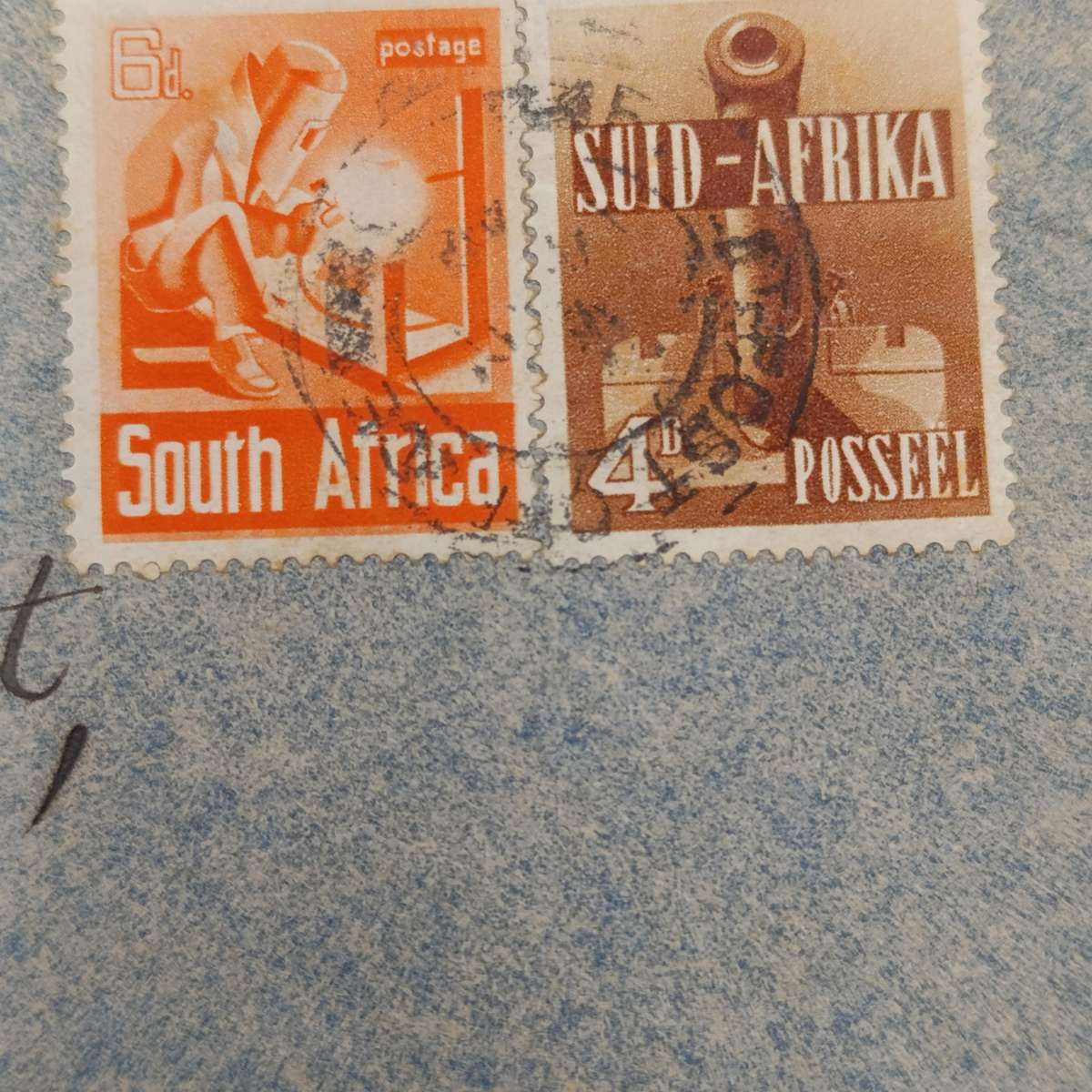 Airmail WW2 cover with HM Ship Censor mark plus Field Post cancel on 2 South Africa stamps