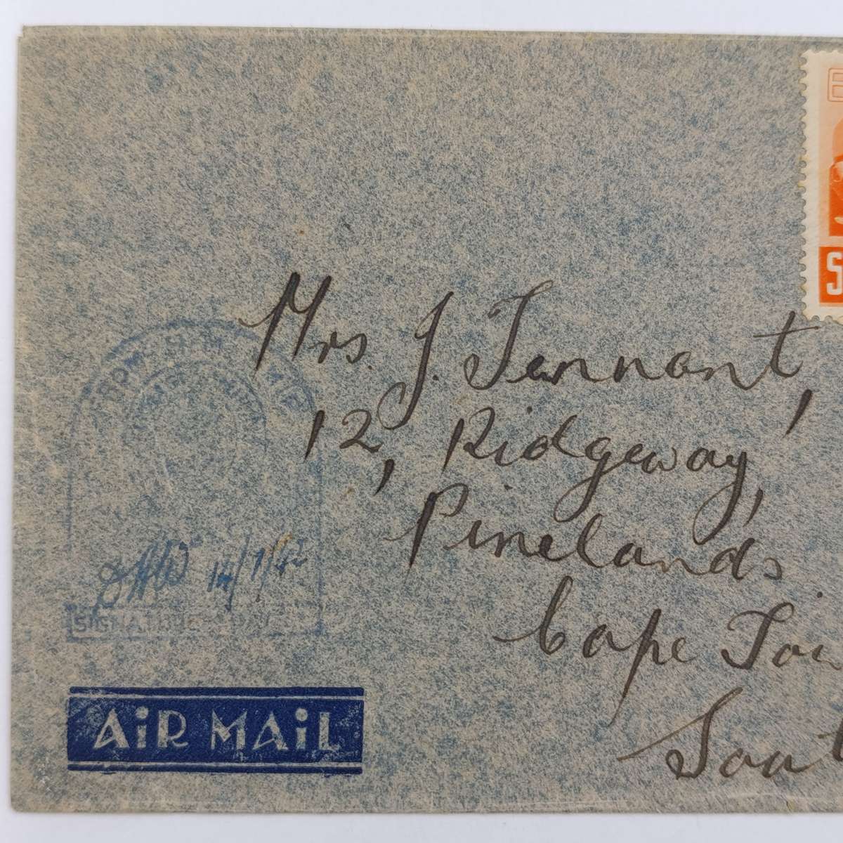 Airmail WW2 cover with HM Ship Censor mark plus Field Post cancel on 2 South Africa stamps