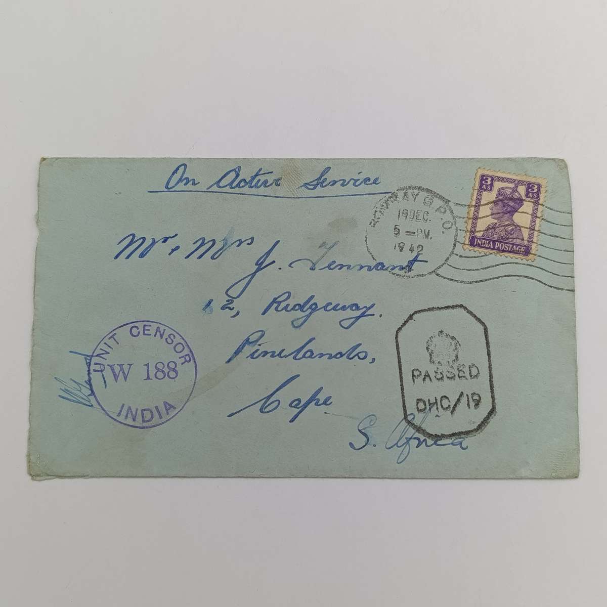 1942 On Active Service cover India to South Africa - Unit Censor W188 India rubber mark