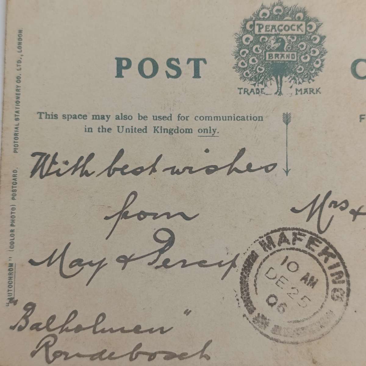 1906 Postcard Rondebosch to Vryburg through Mafeking - Received on Christmas Day
