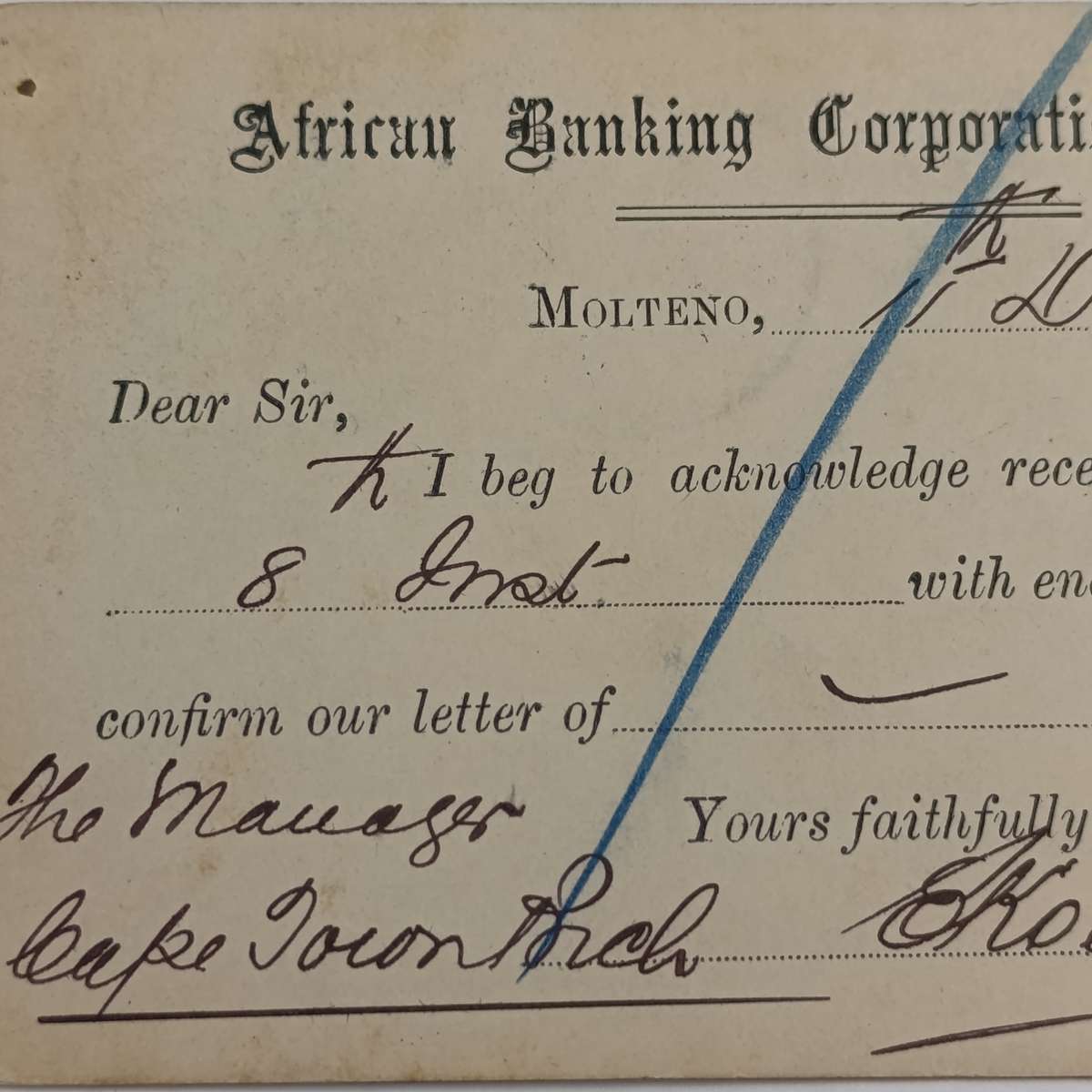 Pre Printed postage postcard - Molteno, Cape of Good Hope to Cape Colony 1896 with receipt