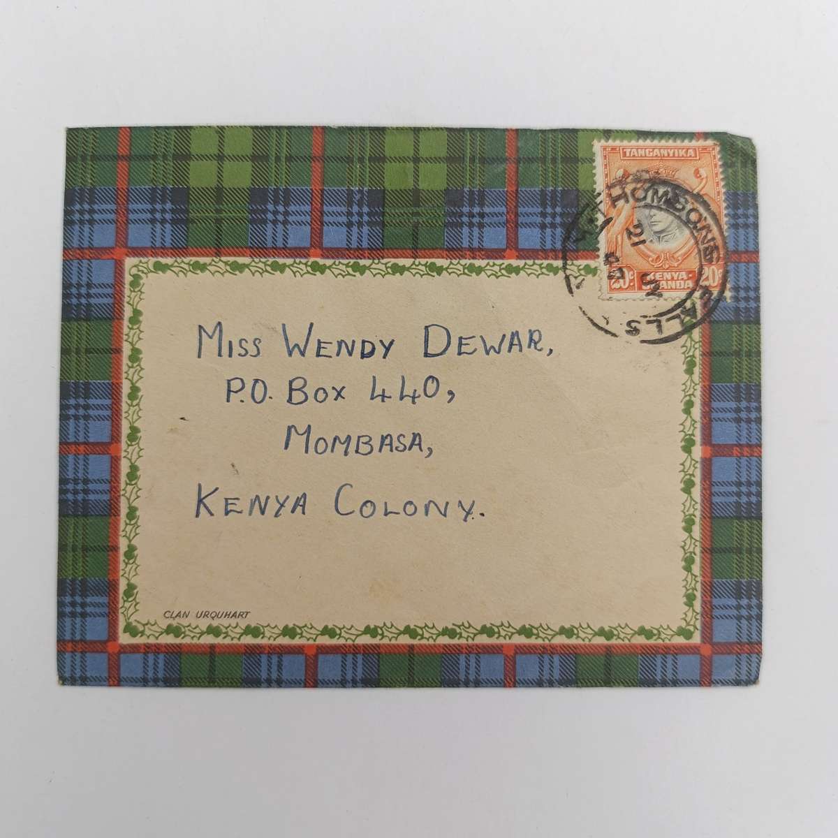 Postal cover 1947 Thompson's Falls to Mombasa Kenya on Scottish tartan cover