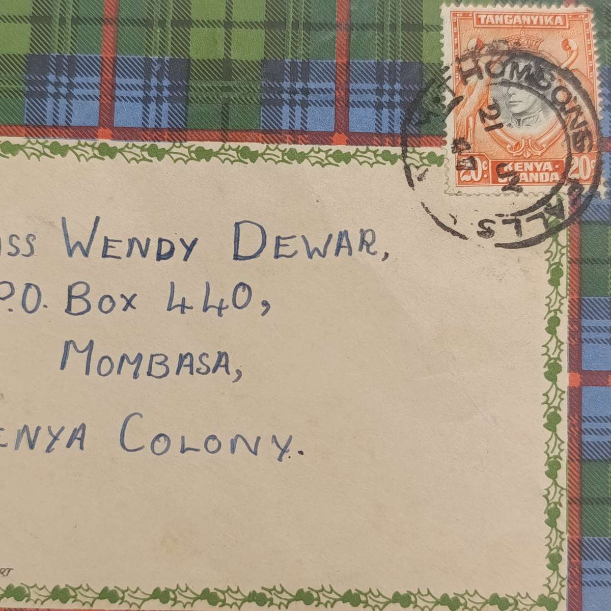 Postal cover 1947 Thompson's Falls to Mombasa Kenya on Scottish tartan cover