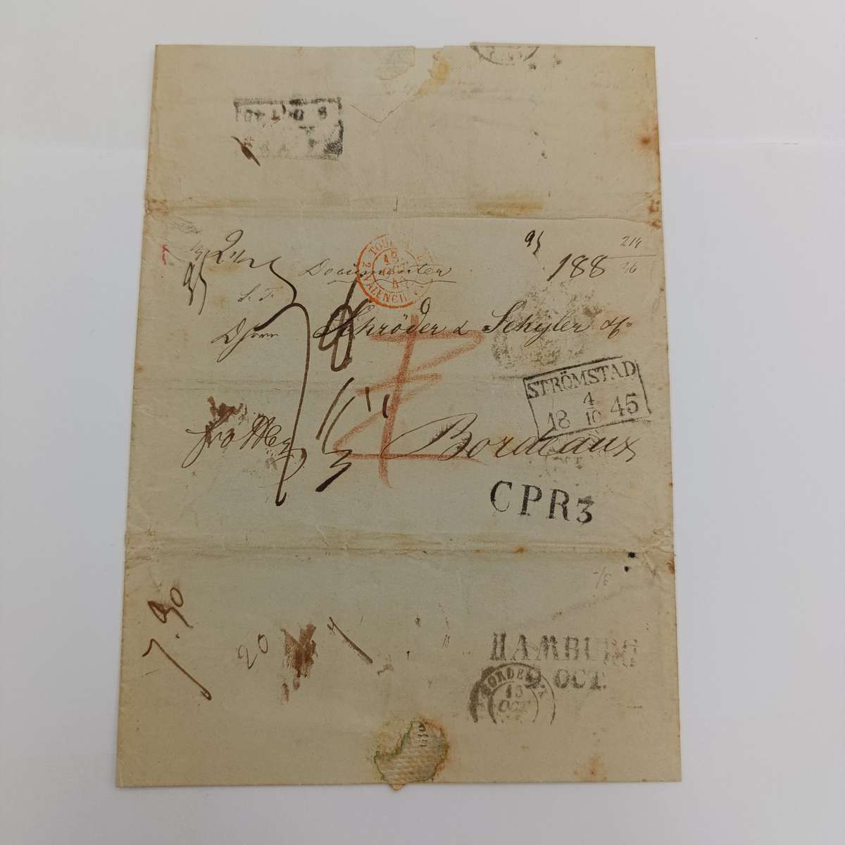 1845 Early letter from Arendat (Norway) to Bordeaux endorsed "Franco Hamburg"