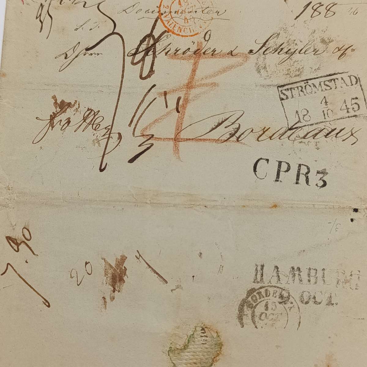 1845 Early letter from Arendat (Norway) to Bordeaux endorsed "Franco Hamburg"