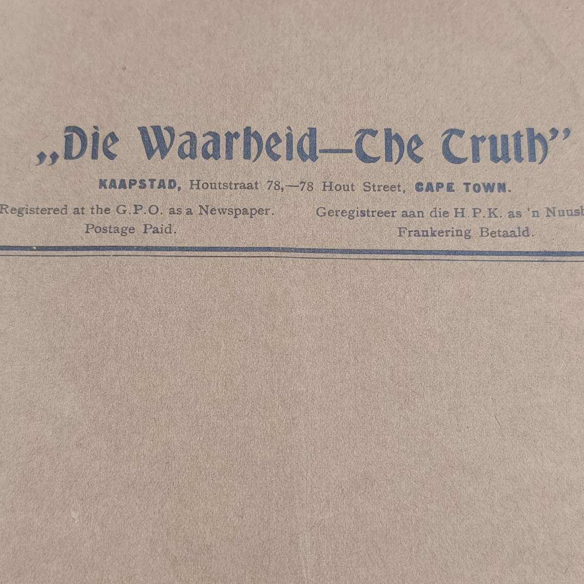 Newspaper wrapper 1930's unused for "Die Waarheid - The Truth"