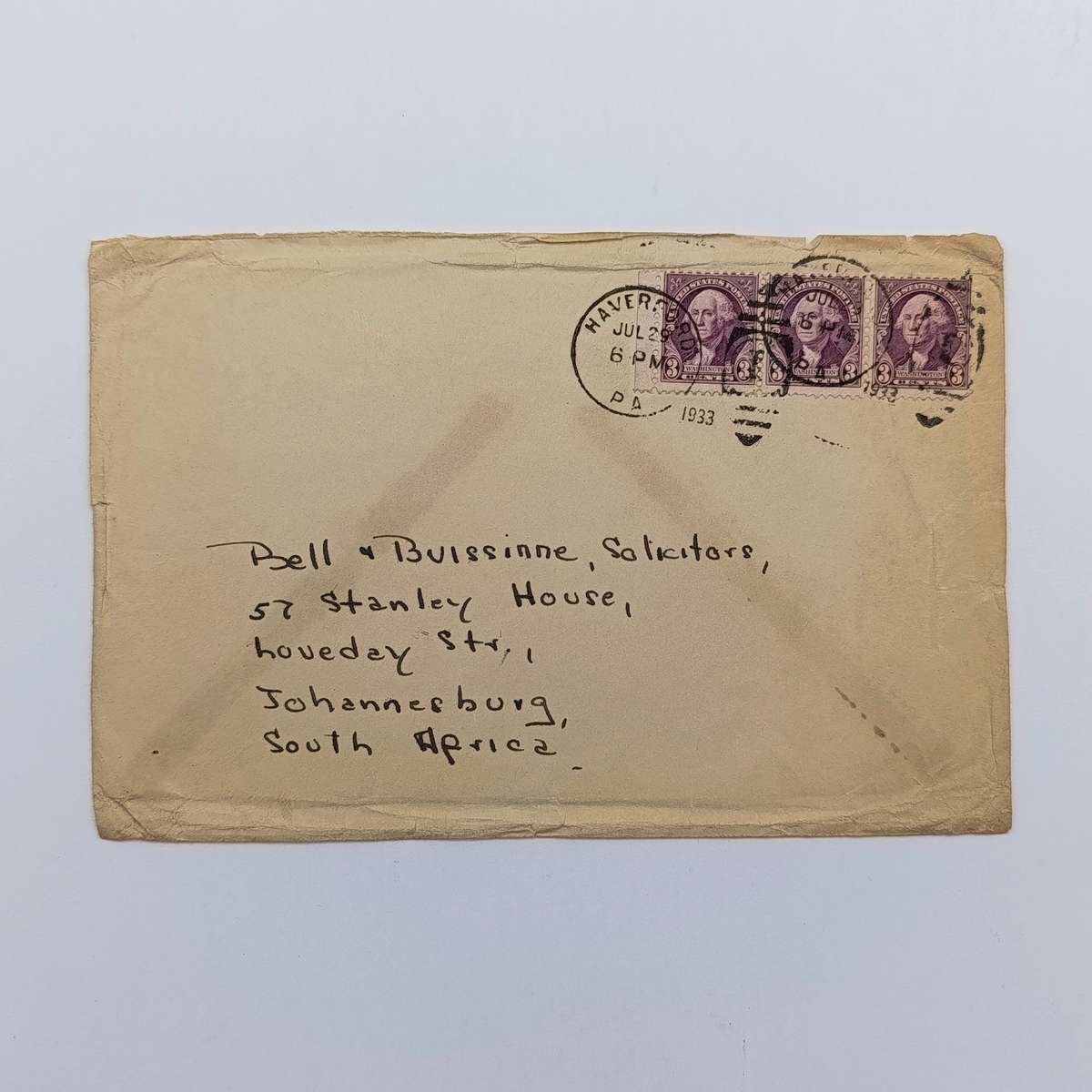 1933 USA to South Africa cover with 3 USA 3 cent stamps - Haverford to Johannesburg