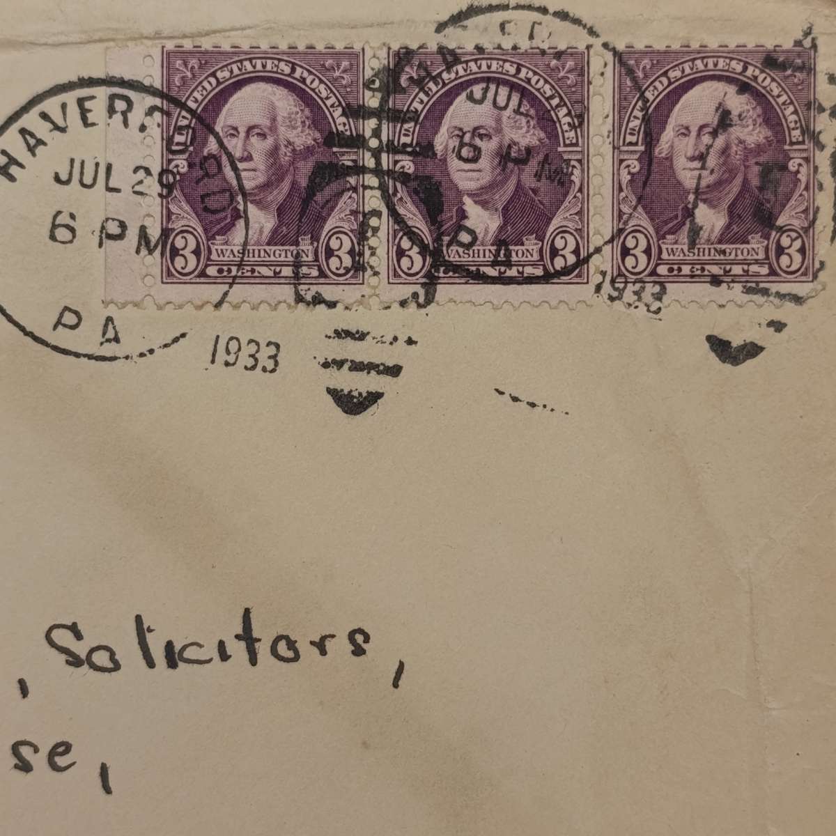 1933 USA to South Africa cover with 3 USA 3 cent stamps - Haverford to Johannesburg