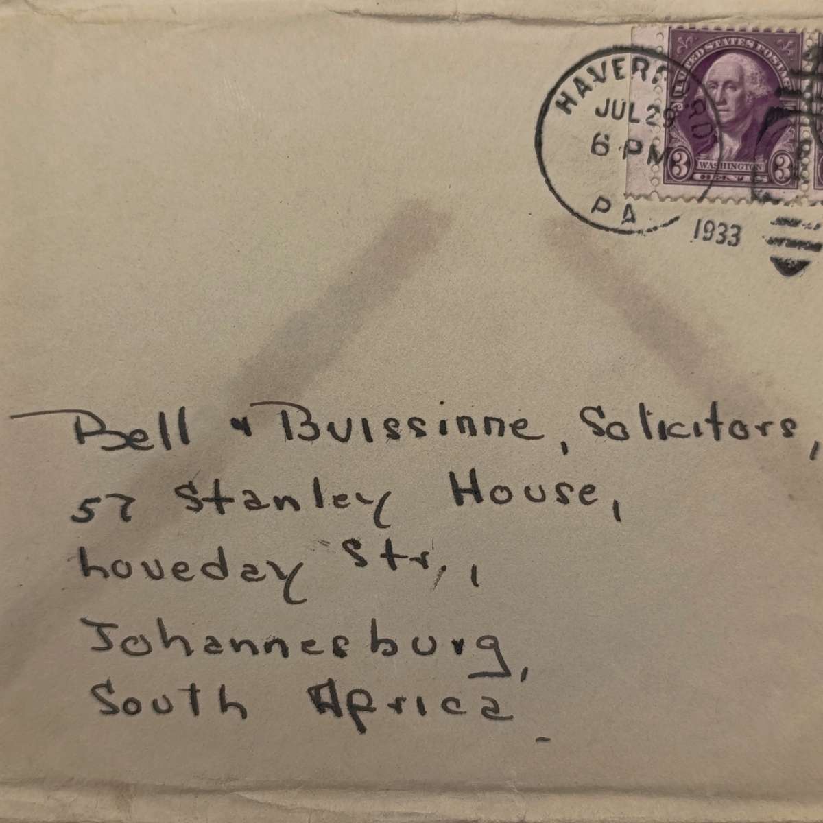 1933 USA to South Africa cover with 3 USA 3 cent stamps - Haverford to Johannesburg