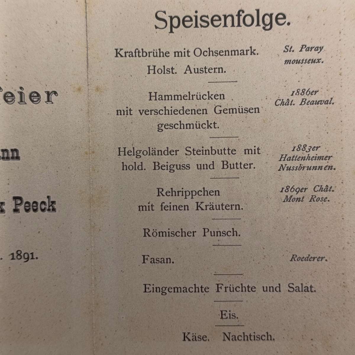 1891 Wedding reception card for Emile Marsman & Max Peeck with menu - Germany