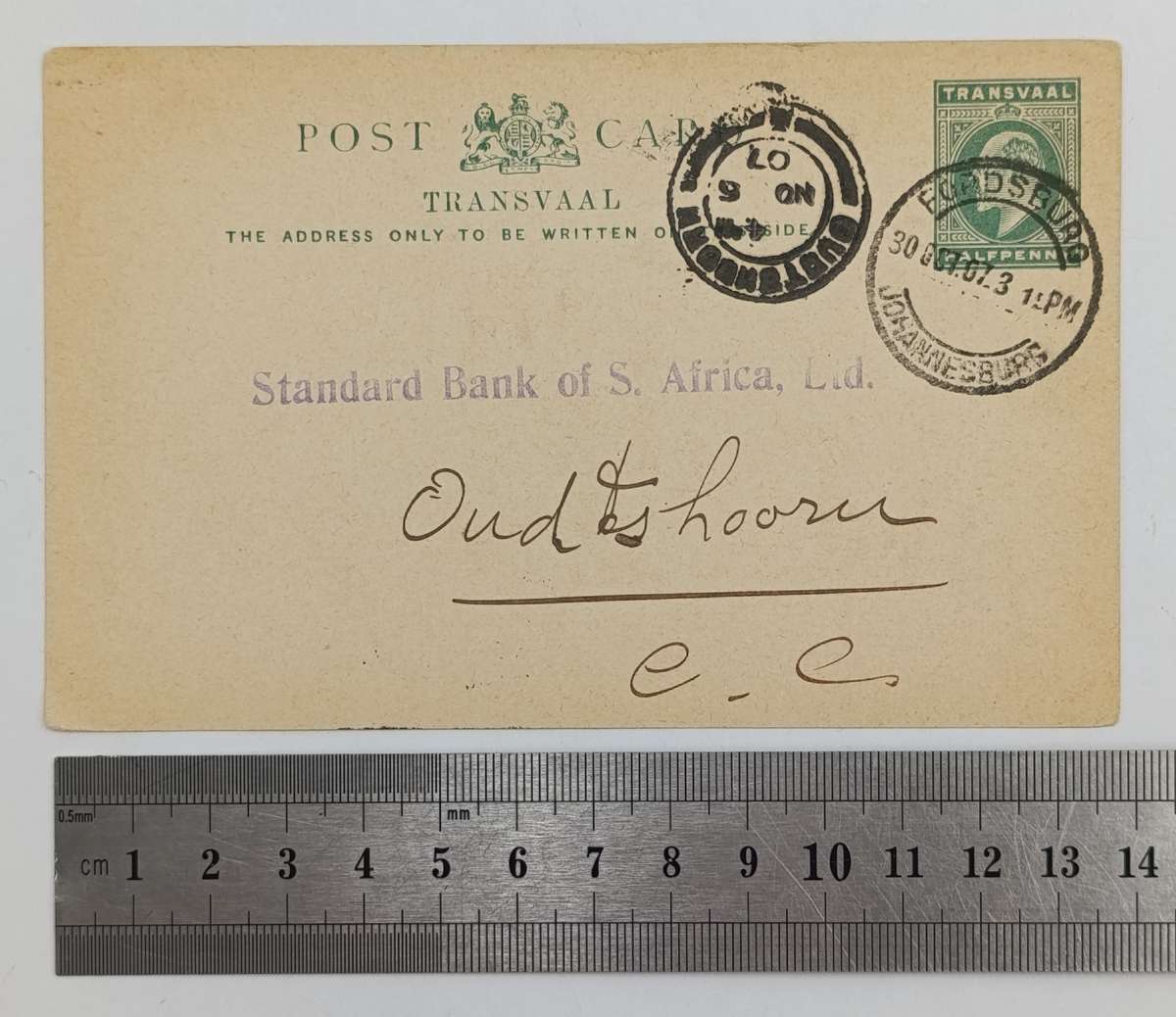 Postcard Fordsburg Transvaal (Johannesburg) to Oudtshoorn Cape colony 30 October 1907