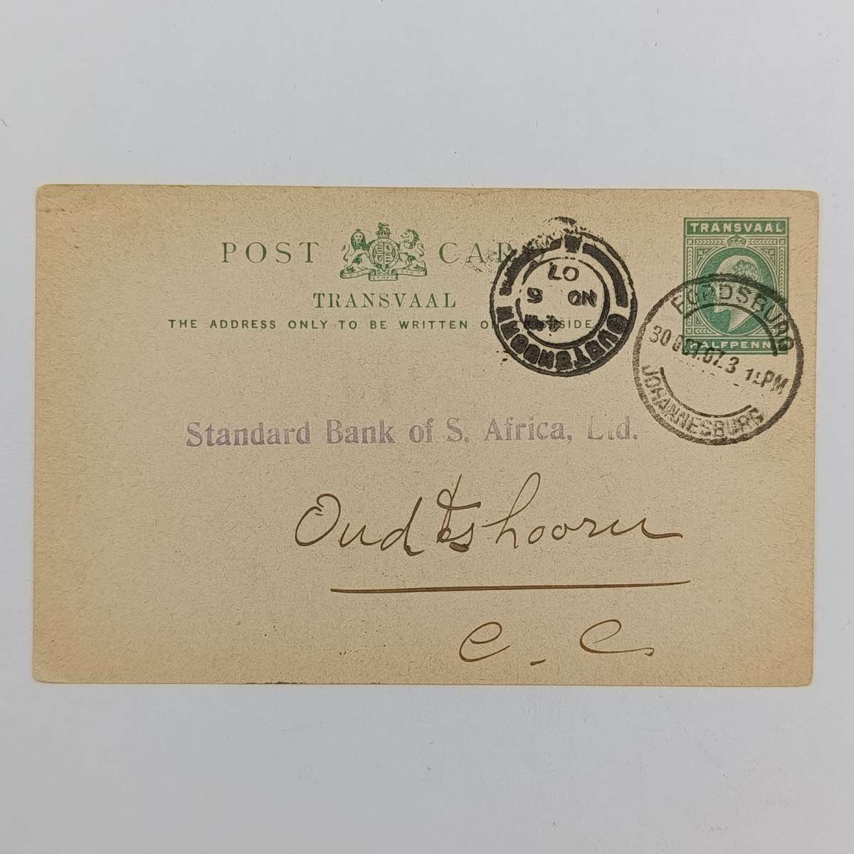 Postcard Fordsburg Transvaal (Johannesburg) to Oudtshoorn Cape colony 30 October 1907