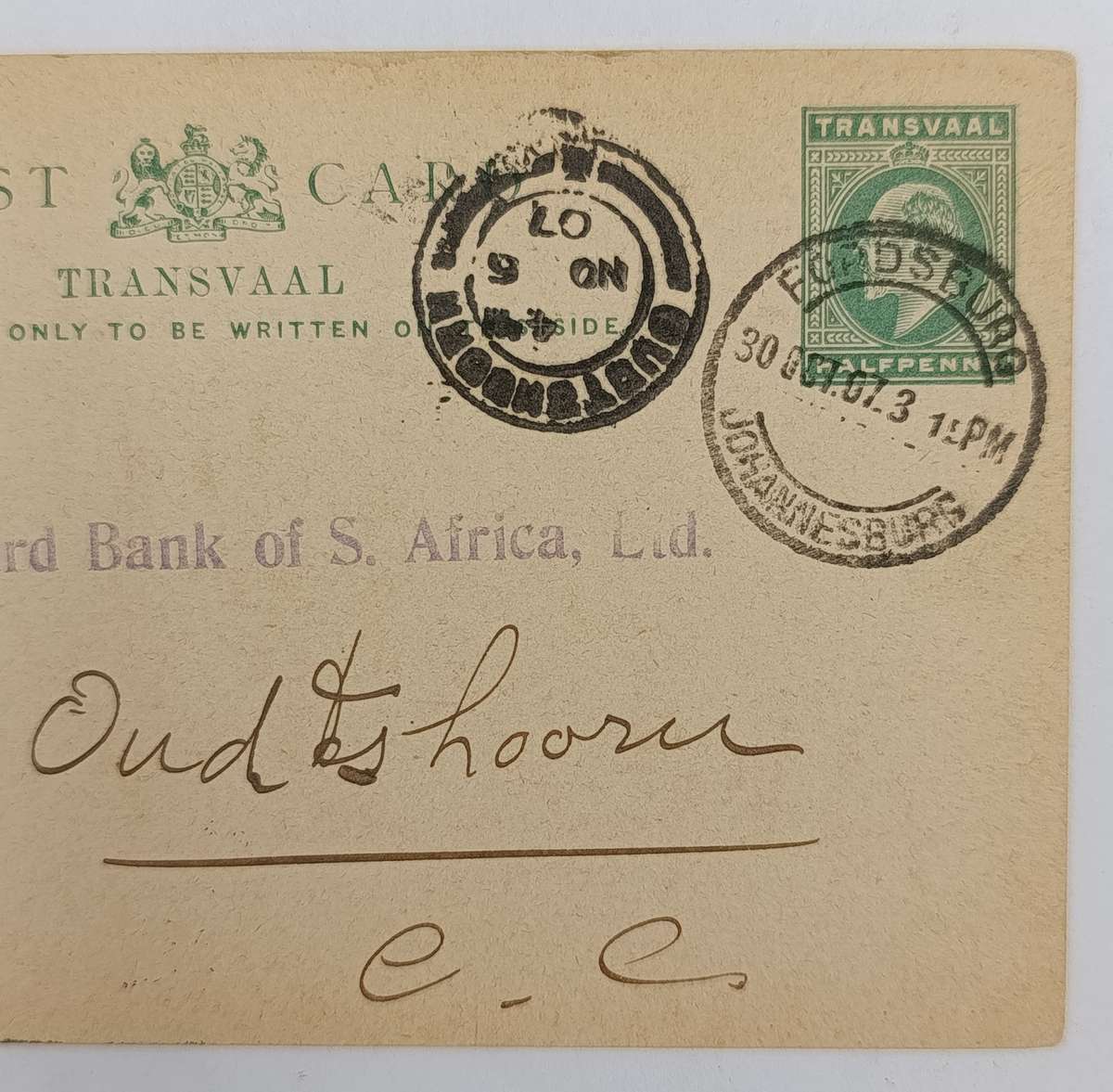 Postcard Fordsburg Transvaal (Johannesburg) to Oudtshoorn Cape colony 30 October 1907
