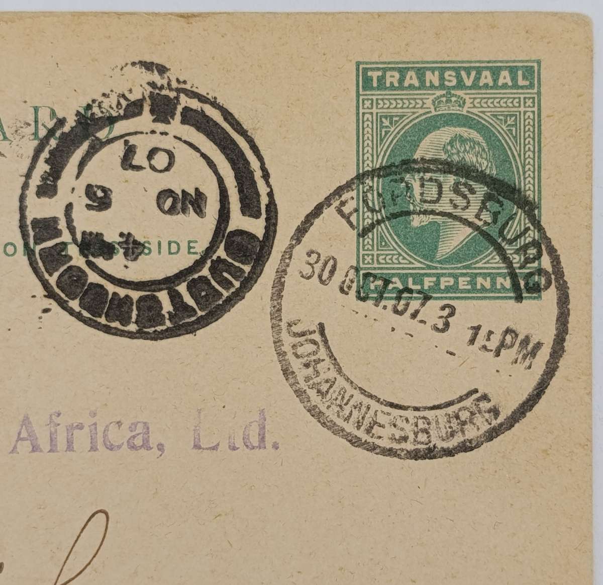 Postcard Fordsburg Transvaal (Johannesburg) to Oudtshoorn Cape colony 30 October 1907