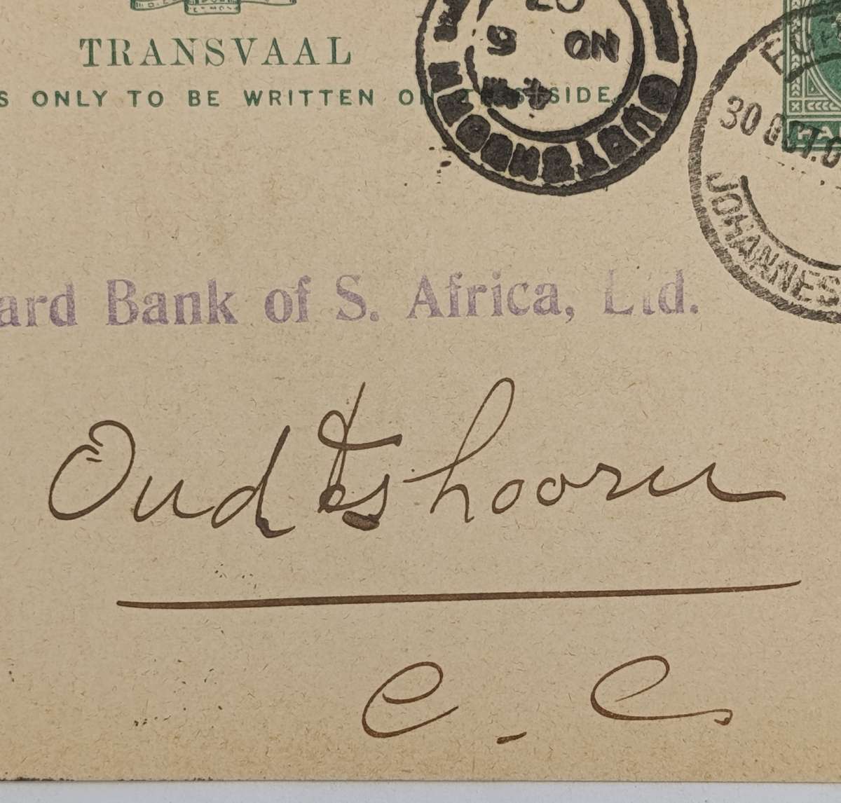 Postcard Fordsburg Transvaal (Johannesburg) to Oudtshoorn Cape colony 30 October 1907