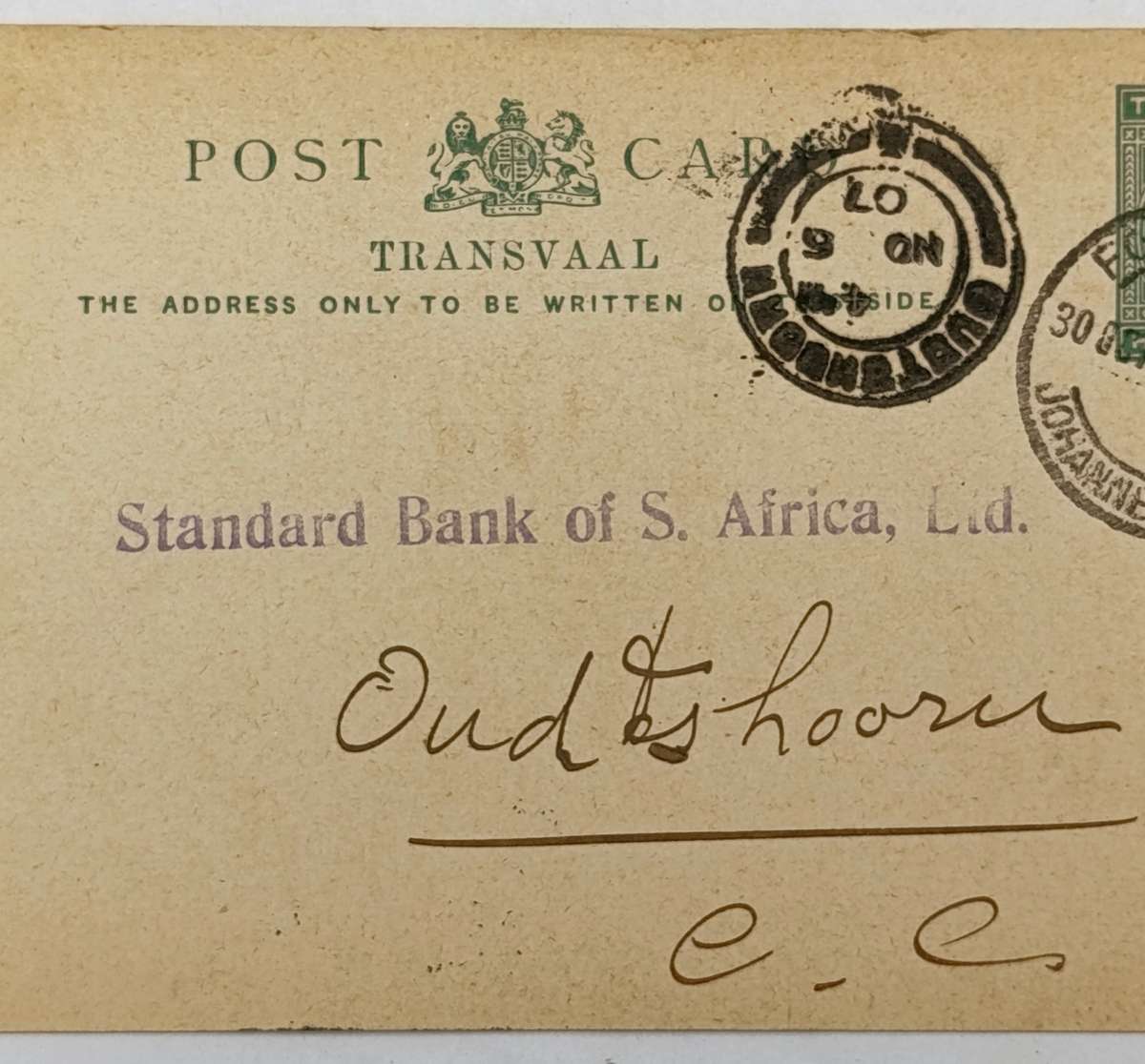Postcard Fordsburg Transvaal (Johannesburg) to Oudtshoorn Cape colony 30 October 1907