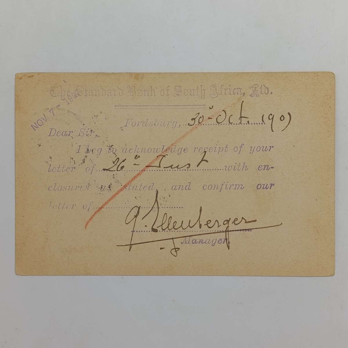 Postcard Fordsburg Transvaal (Johannesburg) to Oudtshoorn Cape colony 30 October 1907