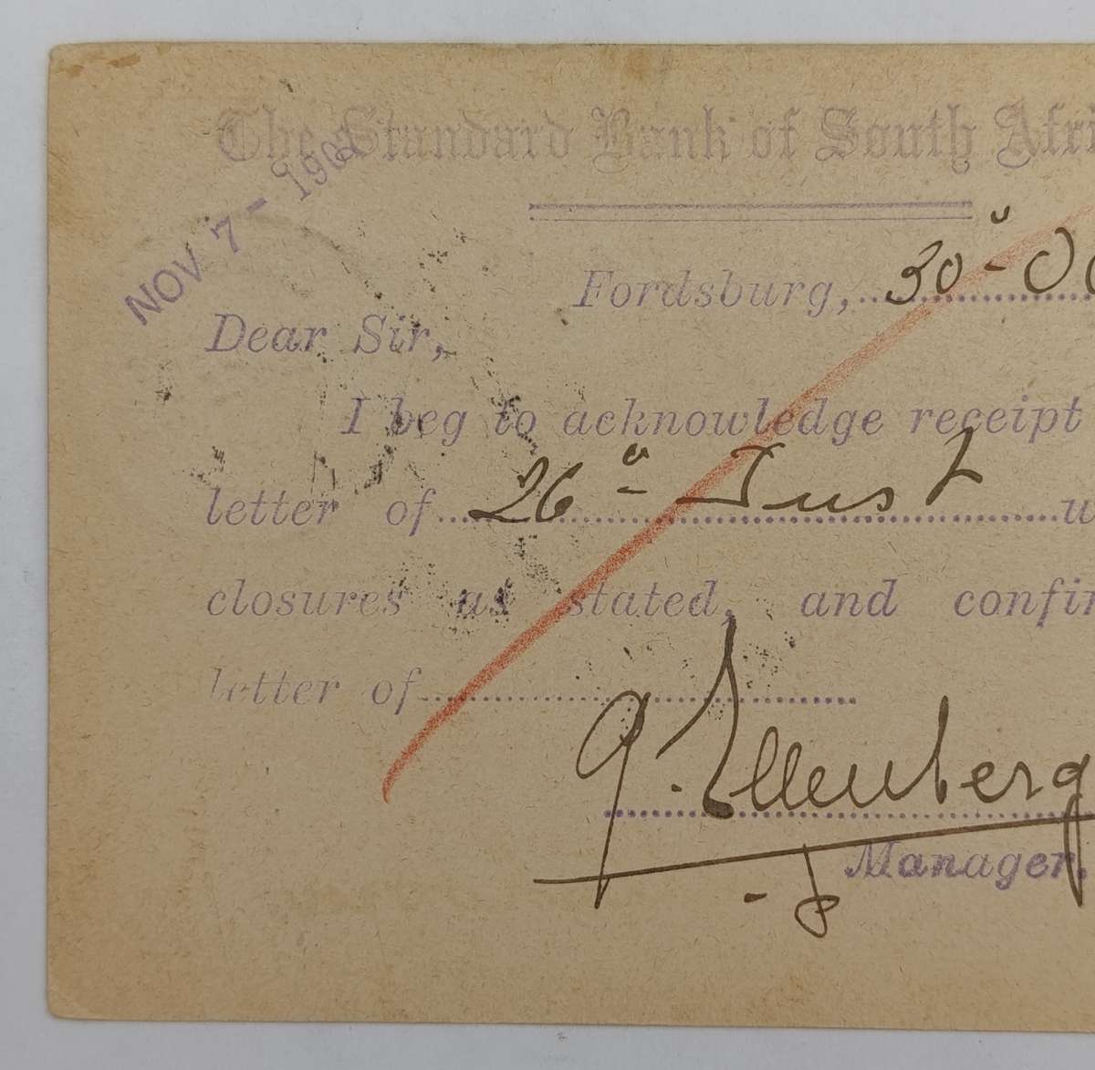 Postcard Fordsburg Transvaal (Johannesburg) to Oudtshoorn Cape colony 30 October 1907