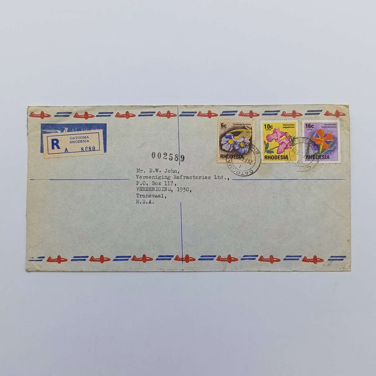 Registered postal cover from Gatooma, Rhodesia to Vereeniging