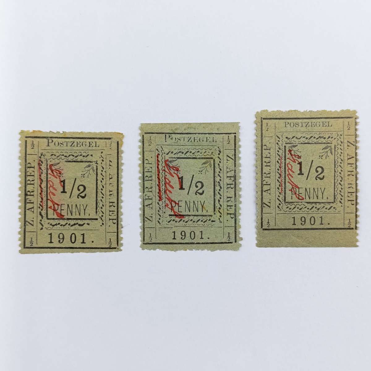 Set of 3 ZAR Pietersburg Half Penny stamps - All 3 Perforated types with controllers initials in red