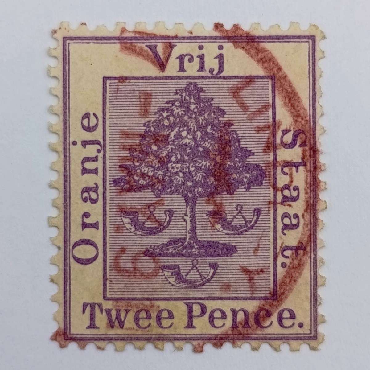 2x Free State Twee Pence stamps cancelled in black and red brown