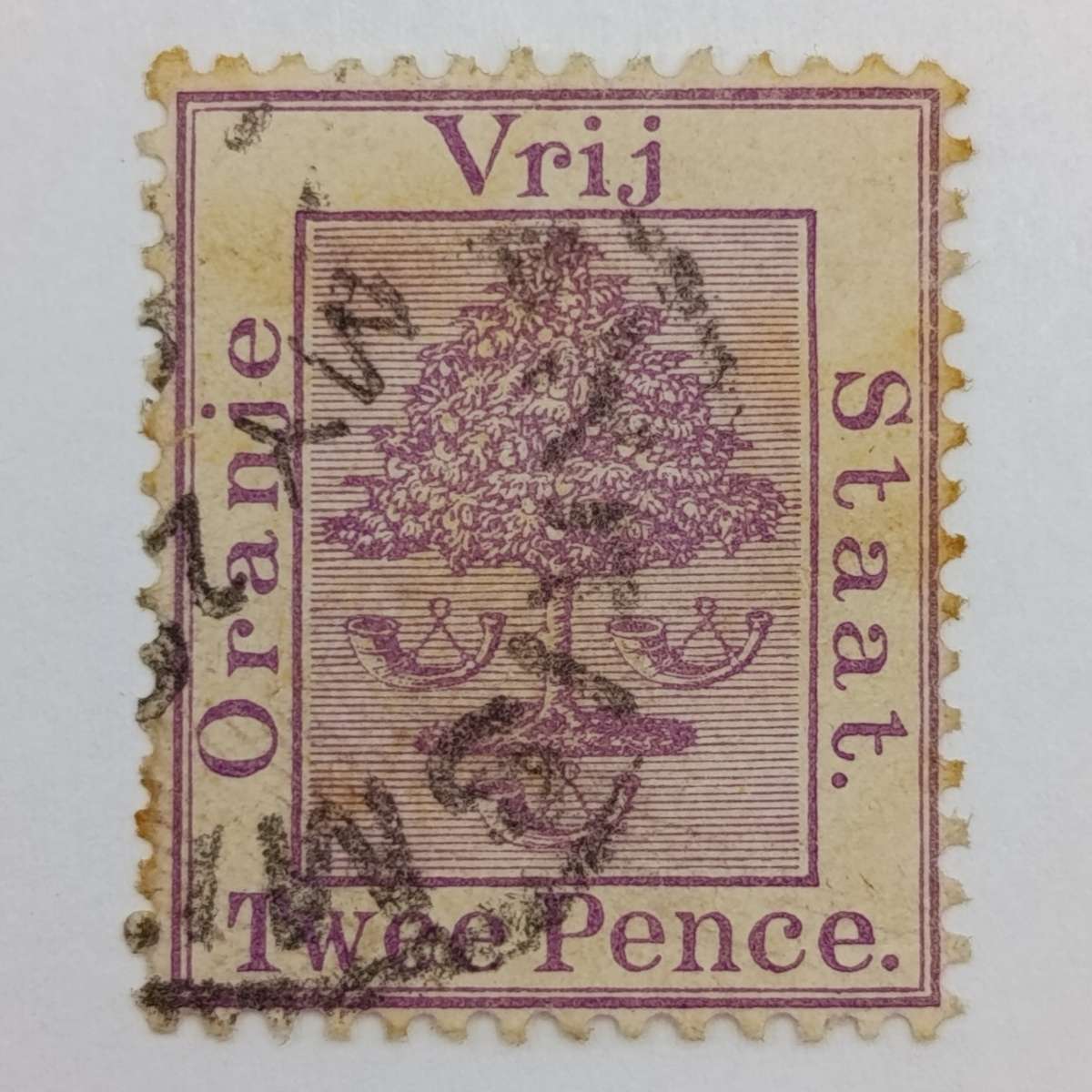 2x Free State Twee Pence stamps cancelled in black and red brown