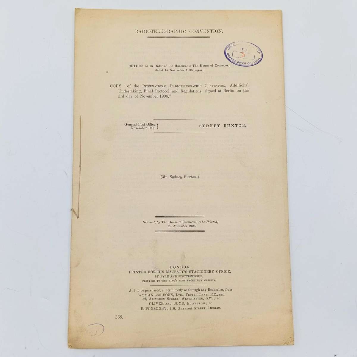 1906 Radiotelegraphic Convention document ordered by the House of Commons signed at Berlin 1906