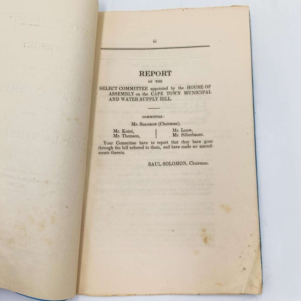 Cape of Good Hope 1861 Report of the Select committee on the Municipal and Water supply Bill