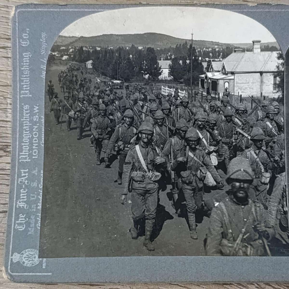 Boer War stereoscope card #11856 British troops entering Pretoria