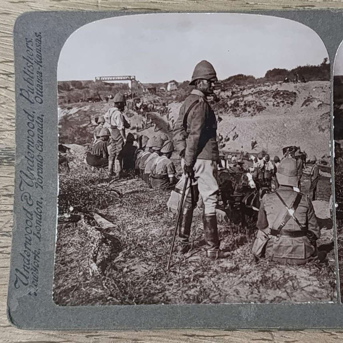 Boer War stereoscope card - Gen. Pole-Carew commanding 11th  Division, watching troops and transport