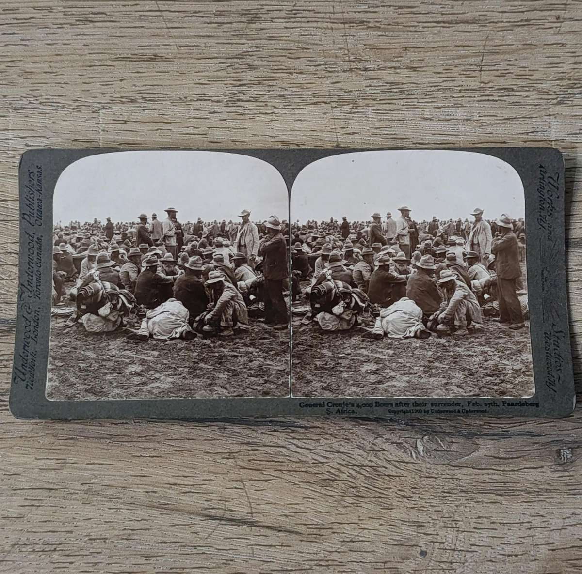Boer War stereoscope card - General Cronje's 4000 Boers after their surrender at Paardeberg
