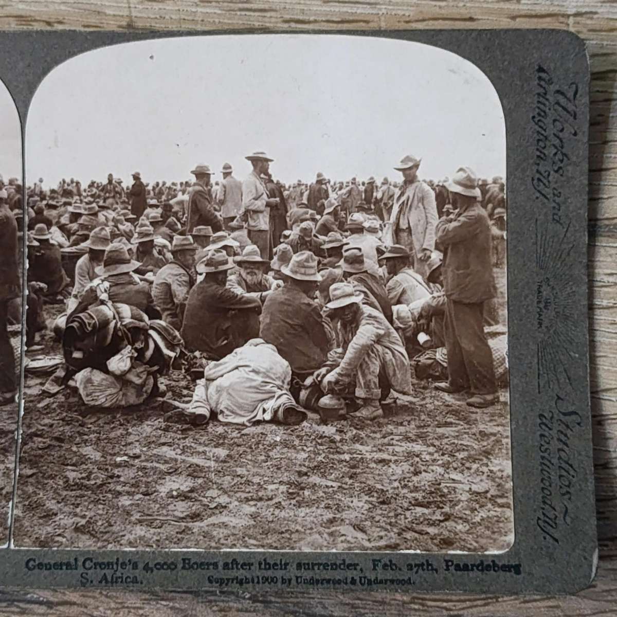 Boer War stereoscope card - General Cronje's 4000 Boers after their surrender at Paardeberg