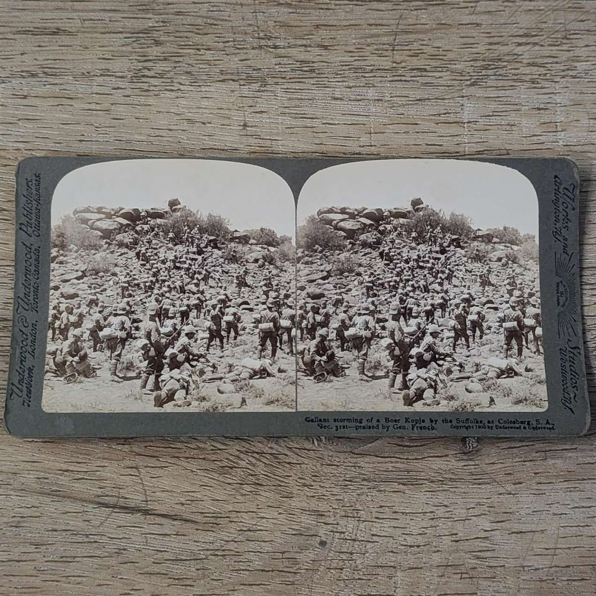 Boer War stereoscope card - Gallant storming of a Boer Kopje, Colesburg, South Africa
