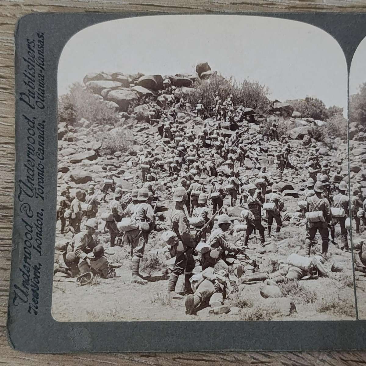 Boer War stereoscope card - Gallant storming of a Boer Kopje, Colesburg, South Africa