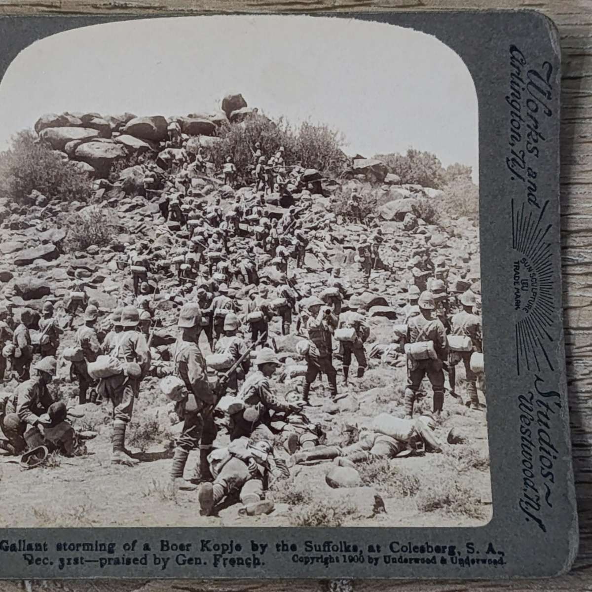 Boer War stereoscope card - Gallant storming of a Boer Kopje, Colesburg, South Africa
