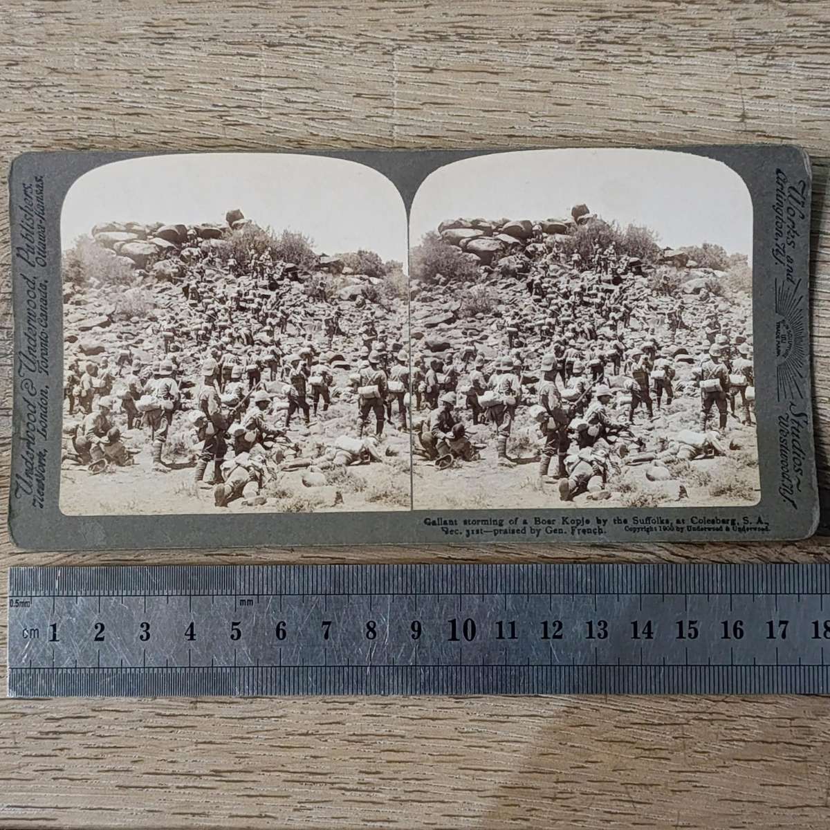 Boer War stereoscope card - Gallant storming of a Boer Kopje, Colesburg, South Africa