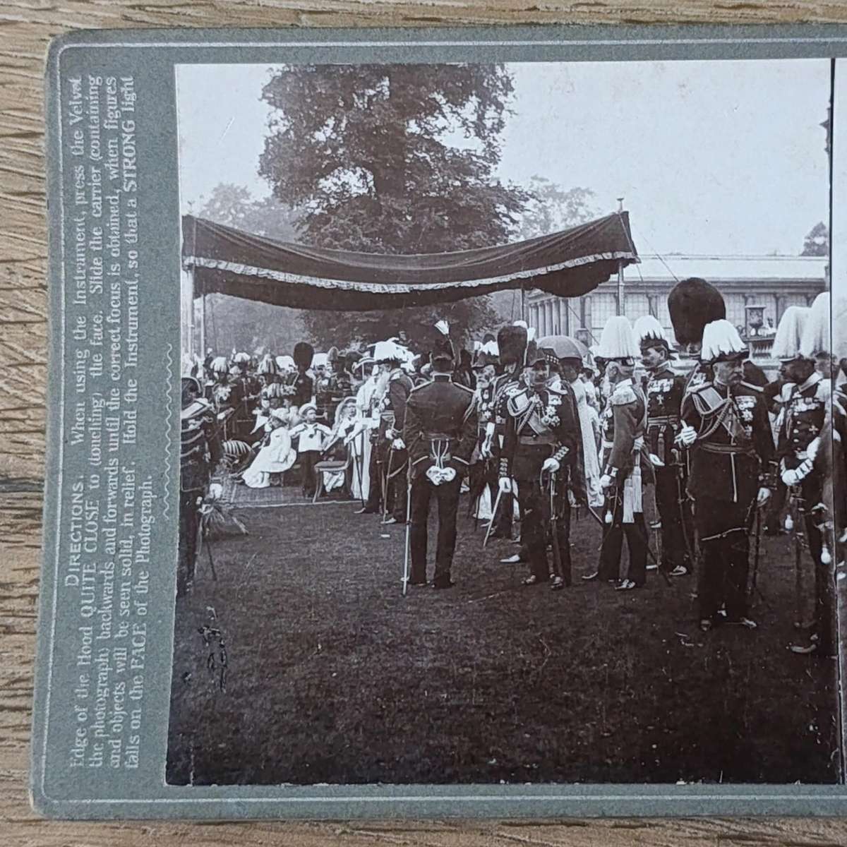 Royal family and officers at Backingham palace - antique stereocard