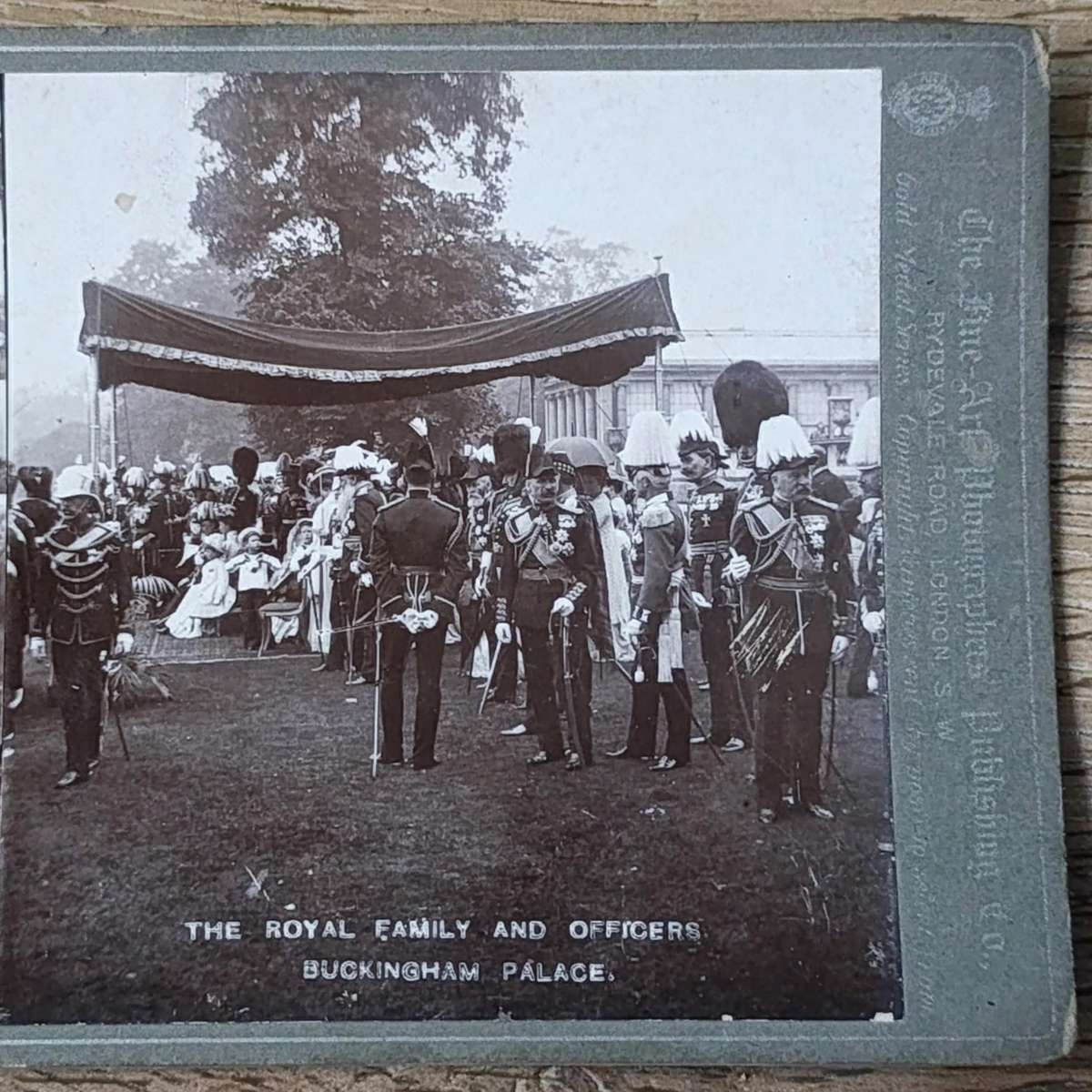 Royal family and officers at Backingham palace - antique stereocard