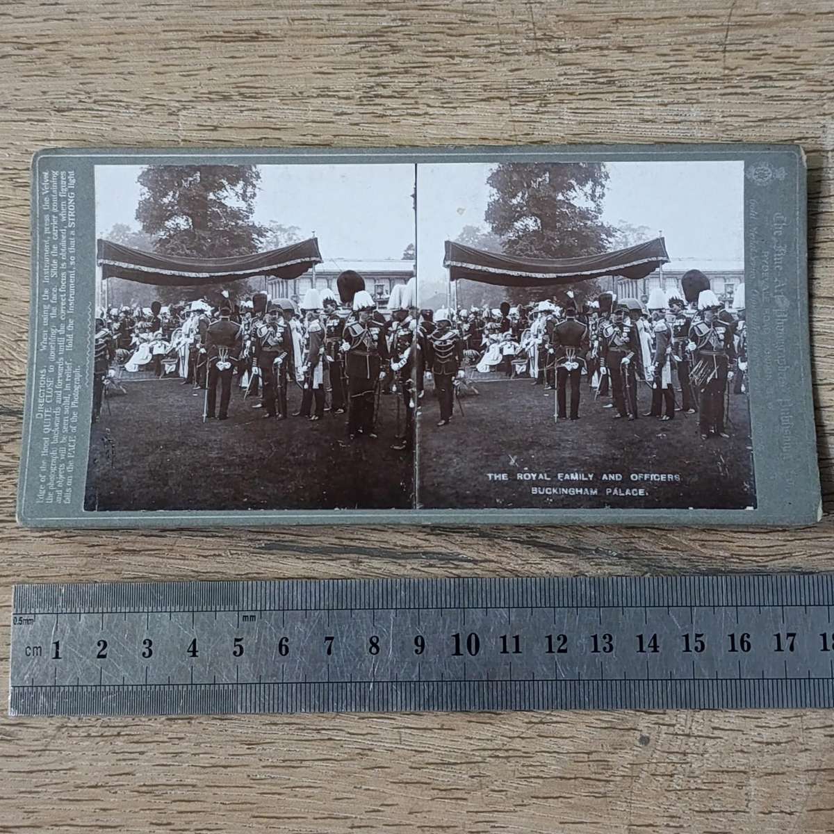 Royal family and officers at Backingham palace - antique stereocard