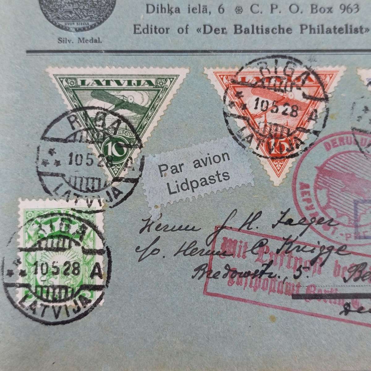 Airmail cover Riga, LATVIA to Berlin, Germany with 4 stamps cancelled 10-5-1928 various cachets