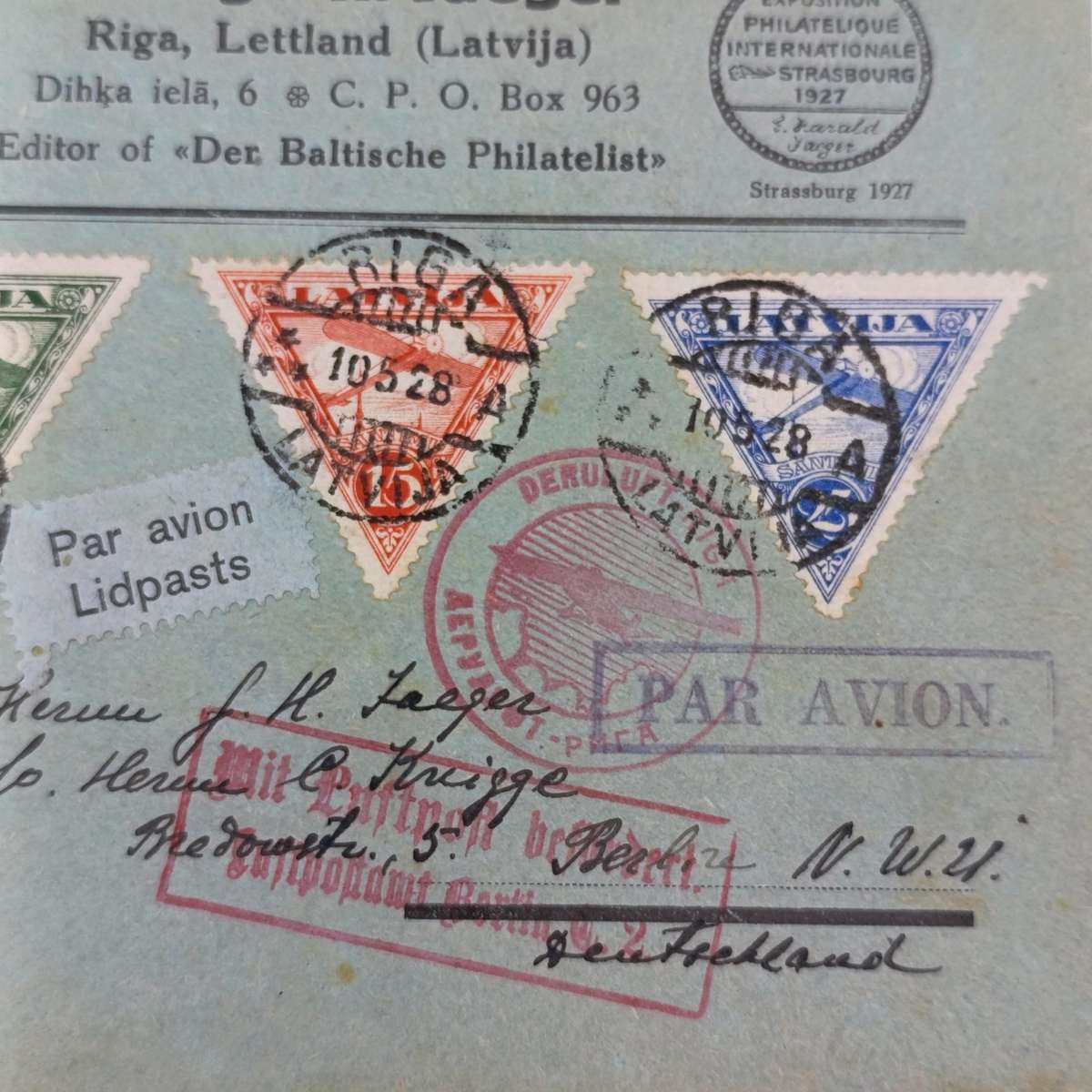 Airmail cover Riga, LATVIA to Berlin, Germany with 4 stamps cancelled 10-5-1928 various cachets